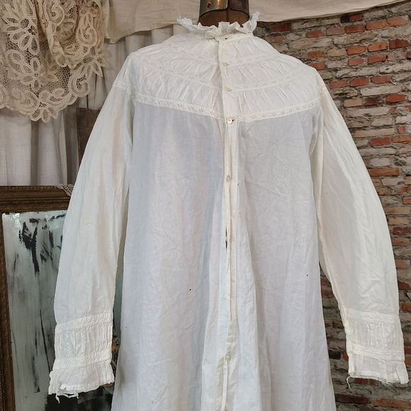 Antique 1850s 1860s White Nightgown Civil War Era Cotton Robe Eyelet Drop Sleeve - Picture 7 of 16